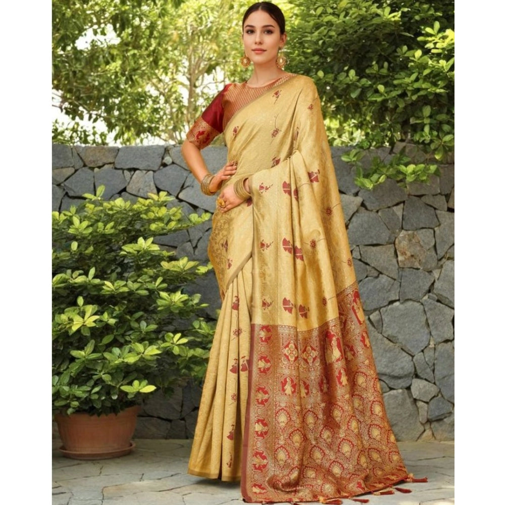 Generic Women's Silk Blend Woven Paithani Saree With Unstitched Blouse 5.5Mtr (Beige)