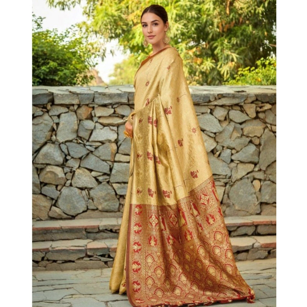 Generic Women's Silk Blend Woven Paithani Saree With Unstitched Blouse 5.5Mtr (Beige)