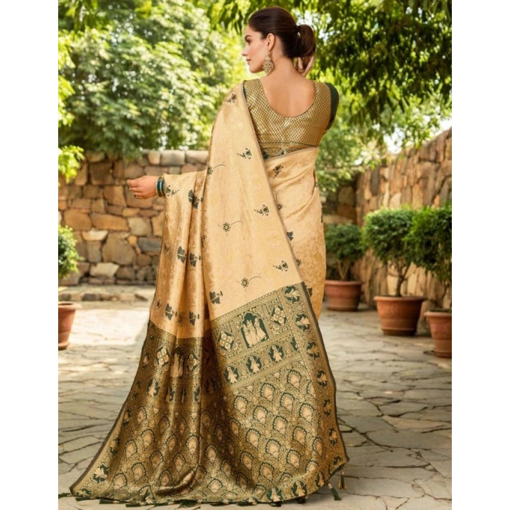 Generic Women's Silk Blend Woven Paithani Saree With Unstitched Blouse 5.5Mtr (Cream)