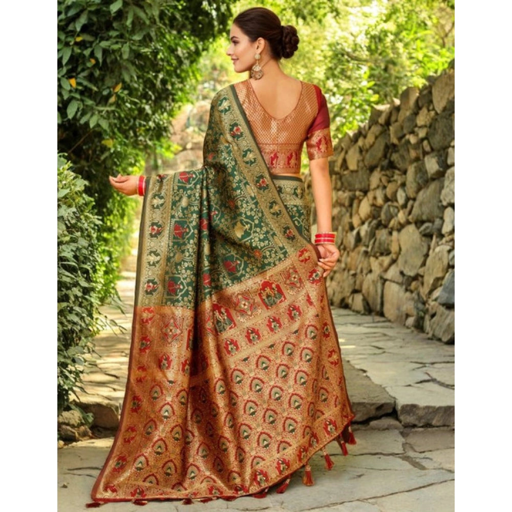 Generic Women's Silk Blend Woven Paithani Saree With Unstitched Blouse 5.5Mtr (Green)