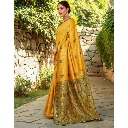 Generic Women's Silk Blend Woven Paithani Saree With Unstitched Blouse 5.5Mtr (Mustard)