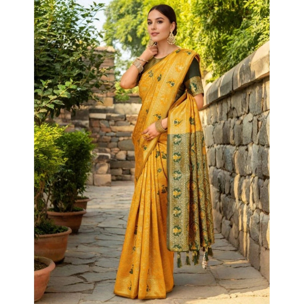 Generic Women's Silk Blend Woven Paithani Saree With Unstitched Blouse 5.5Mtr (Mustard)