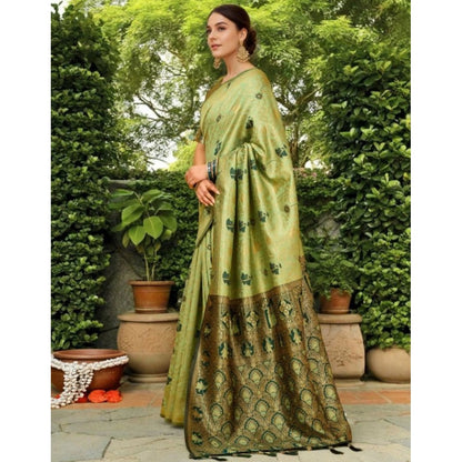 Generic Women's Silk Blend Woven Paithani Saree With Unstitched Blouse 5.5Mtr (Olive)