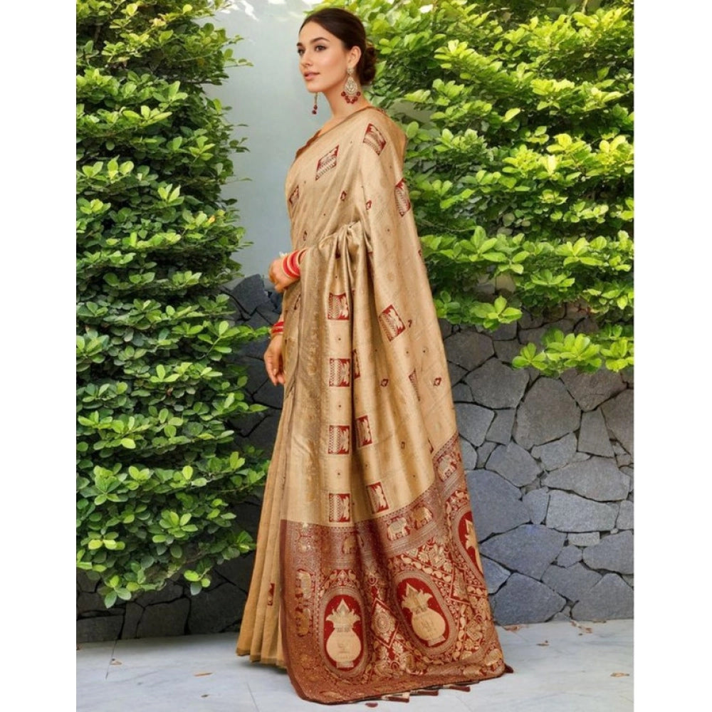 Generic Women's Silk Blend Woven Zari Work Saree With Unstitched Blouse 5.5Mtr (Beige)