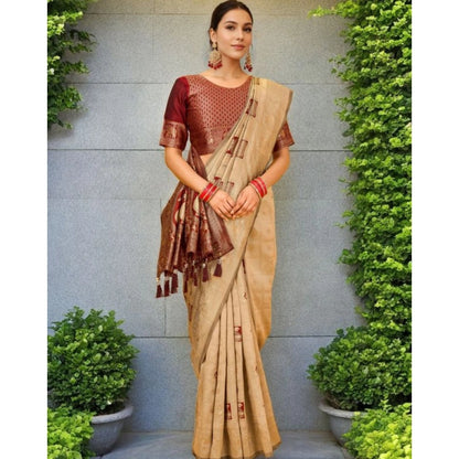 Generic Women's Silk Blend Woven Zari Work Saree With Unstitched Blouse 5.5Mtr (Beige)