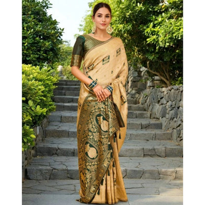 Generic Women's Silk Blend Woven Zari Work Saree With Unstitched Blouse 5.5Mtr (Cream)