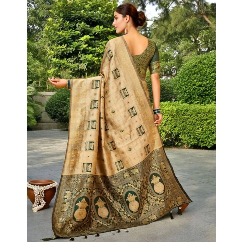 Generic Women's Silk Blend Woven Zari Work Saree With Unstitched Blouse 5.5Mtr (Cream)