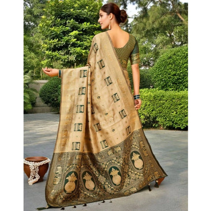 Generic Women's Silk Blend Woven Zari Work Saree With Unstitched Blouse 5.5Mtr (Cream)