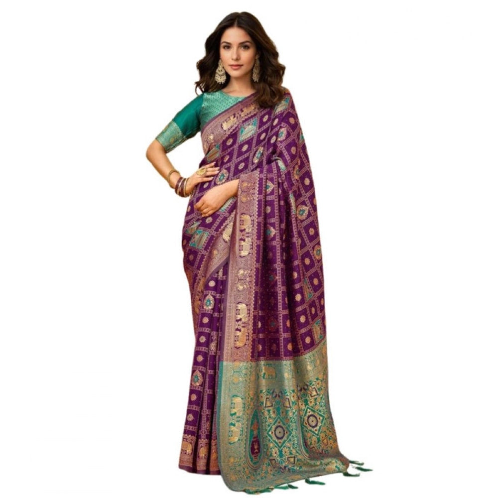 Generic Women's Silk Blend Woven Zari Work Saree With Unstitched Blouse 5.5Mtr (Purple)