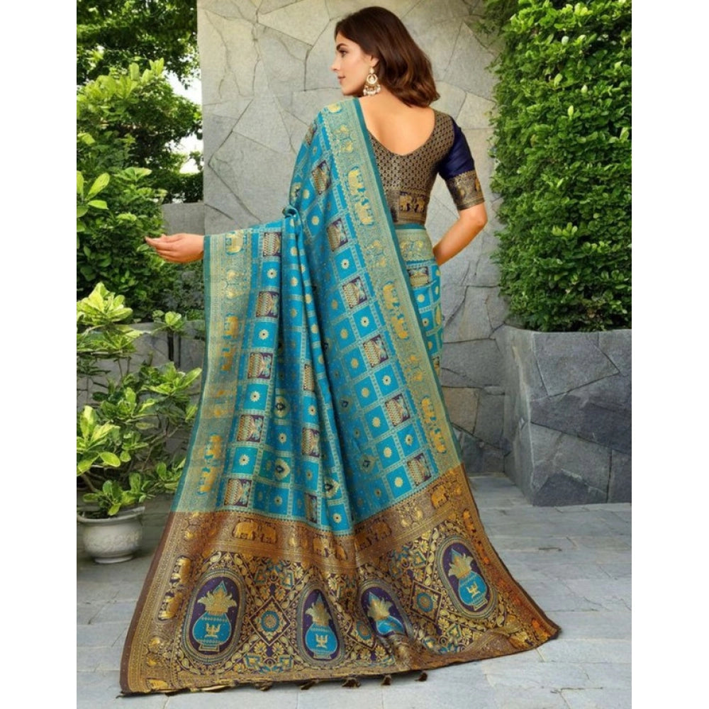 Generic Women's Silk Blend Woven Zari Work Saree With Unstitched Blouse 5.5Mtr (Rama)