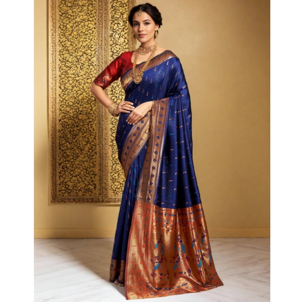 Generic Women's Silk Blend Zari Woven Saree With Unstitched Blouse 5.5Mtr (Navy)