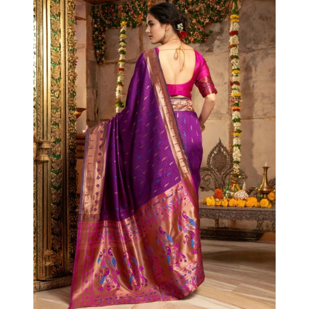 Generic Women's Silk Blend Zari Woven Saree With Unstitched Blouse 5.5Mtr (Purple)