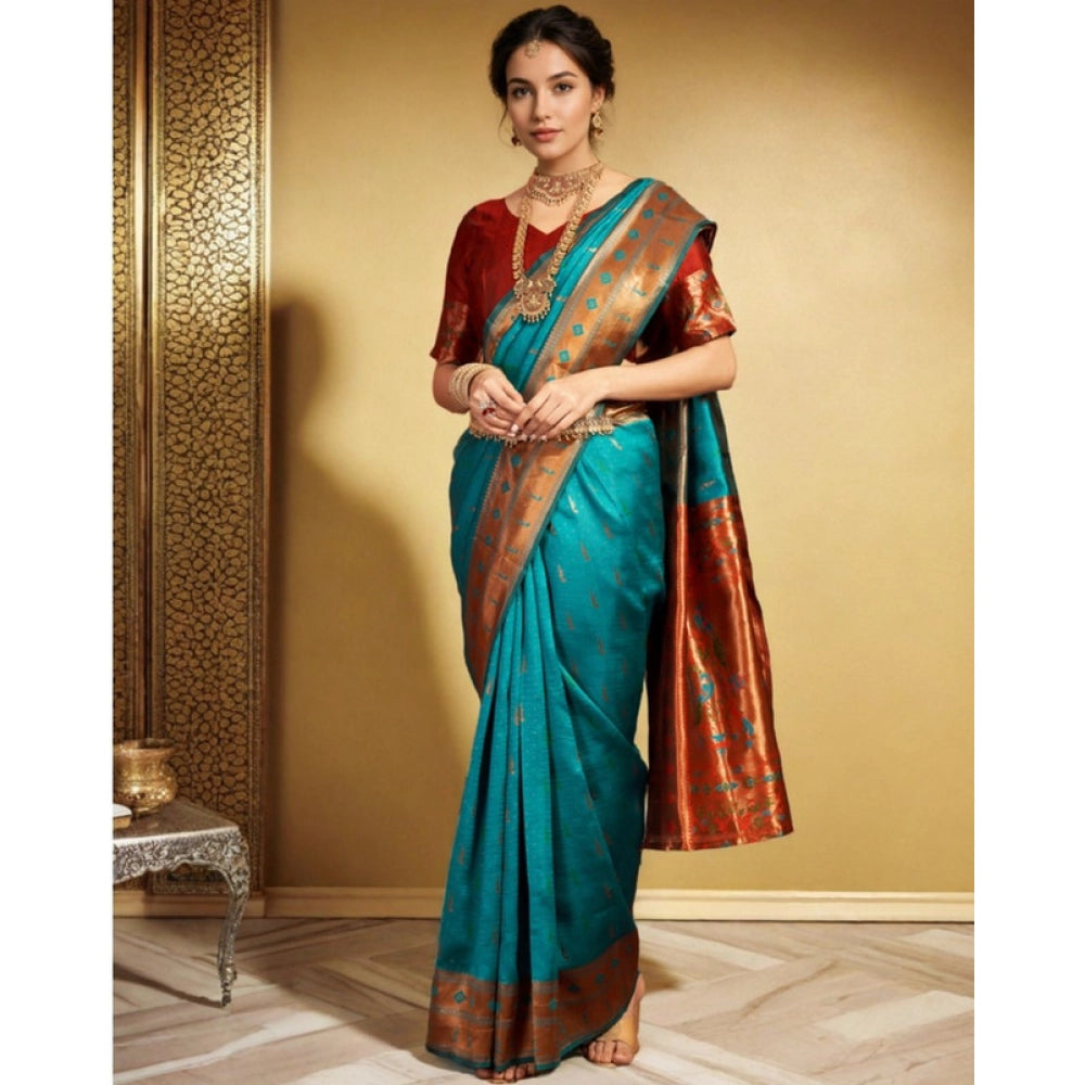Generic Women's Silk Blend Zari Woven Saree With Unstitched Blouse 5.5Mtr (Rama)