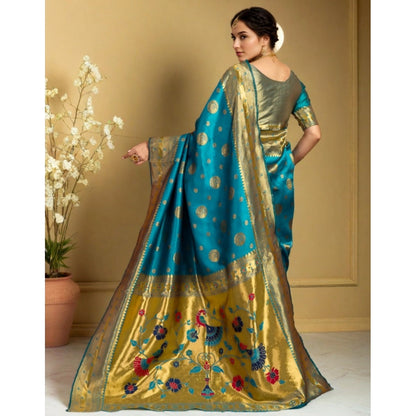 Generic Women's Silk Blend Paithani Saree With Unstitched Blouse 5.5Mtr (Rama)