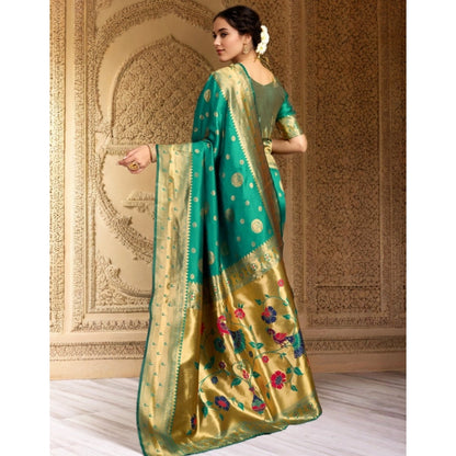 Generic Women's Silk Blend Paithani Saree With Unstitched Blouse 5.5Mtr (Green)