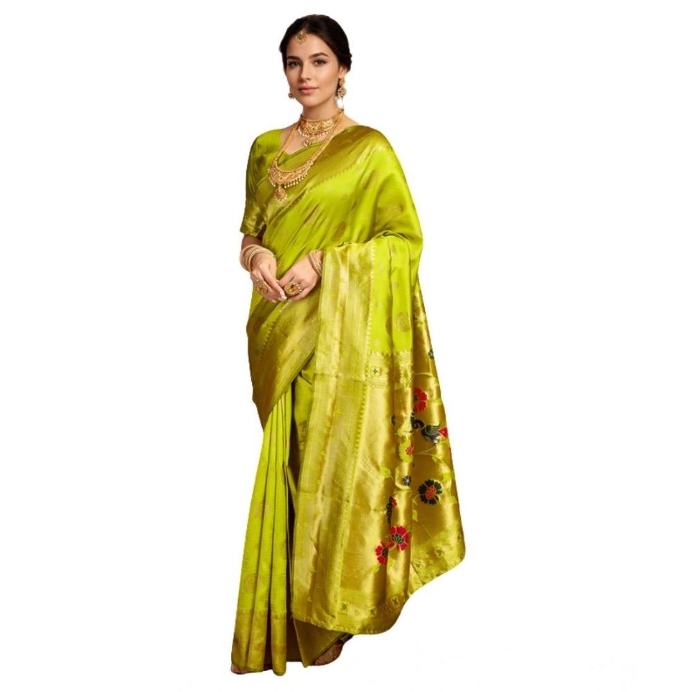 Generic Women's Silk Blend Paithani Saree With Unstitched Blouse 5.5Mtr (Lime Green)