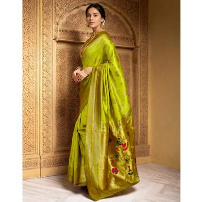Generic Women's Silk Blend Paithani Saree With Unstitched Blouse 5.5Mtr (Lime Green)