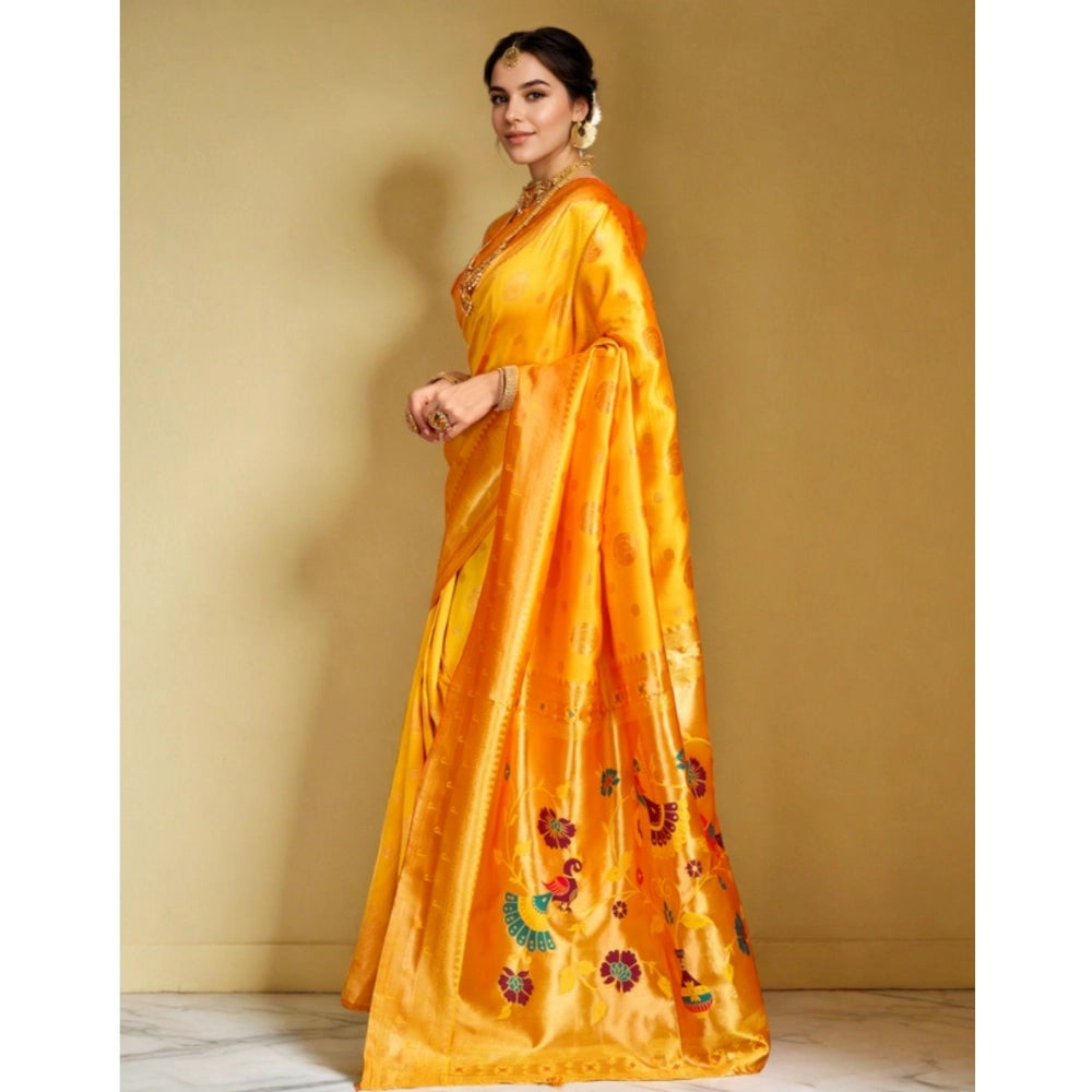 Generic Women's Silk Blend Paithani Saree With Unstitched Blouse 5.5Mtr (Mustard)