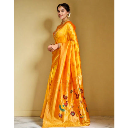 Generic Women's Silk Blend Paithani Saree With Unstitched Blouse 5.5Mtr (Mustard)