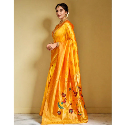 Generic Women's Silk Blend Paithani Saree With Unstitched Blouse 5.5Mtr (Mustard)