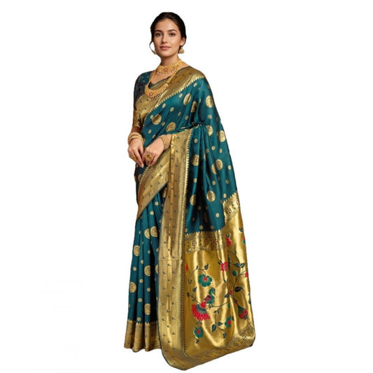 Generic Women's Silk Blend Paithani Saree With Unstitched Blouse 5.5Mtr (Teal)