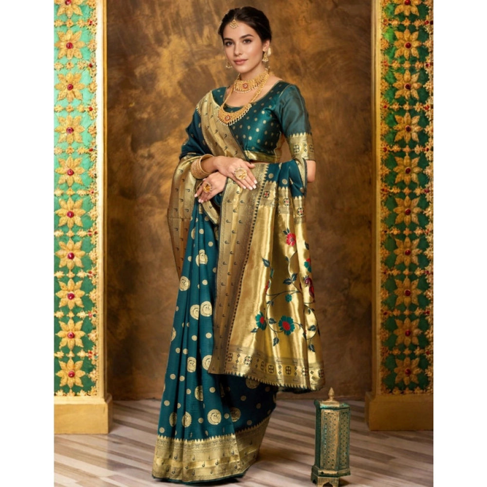 Generic Women's Silk Blend Paithani Saree With Unstitched Blouse 5.5Mtr (Teal)