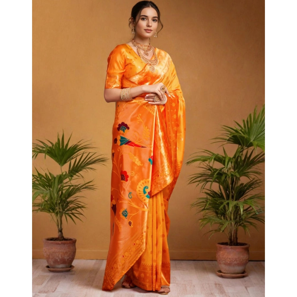 Generic Women's Silk Blend Woven Saree With Unstitched Blouse 5.5Mtr (Orange)