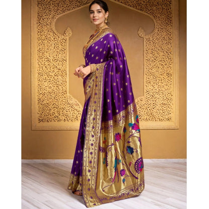 Generic Women's Silk Blend Woven Saree With Unstitched Blouse 5.5Mtr (Purple)