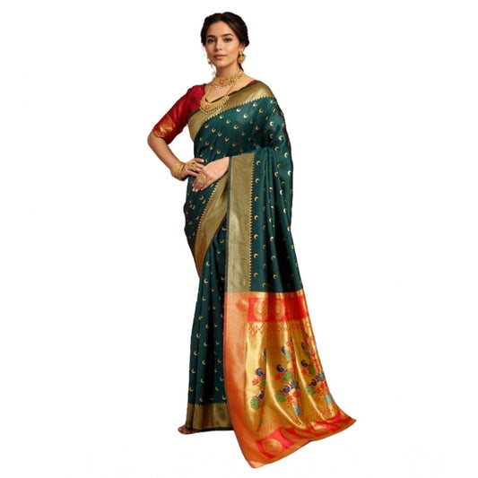 Generic Women's Silk Blend Zari Woven Saree With Unstitched Blouse 5.5Mtr (Dark-Green)