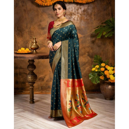 Generic Women's Silk Blend Zari Woven Saree With Unstitched Blouse 5.5Mtr (Dark-Green)
