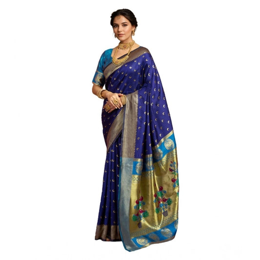Generic Women's Silk Blend Zari Woven Saree With Unstitched Blouse 5.5Mtr (Navy)