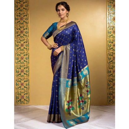 Generic Women's Silk Blend Zari Woven Saree With Unstitched Blouse 5.5Mtr (Navy)