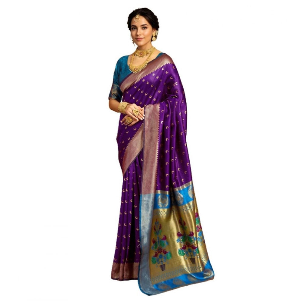 Generic Women's Silk Blend Zari Woven Saree With Unstitched Blouse 5.5Mtr (Purple)