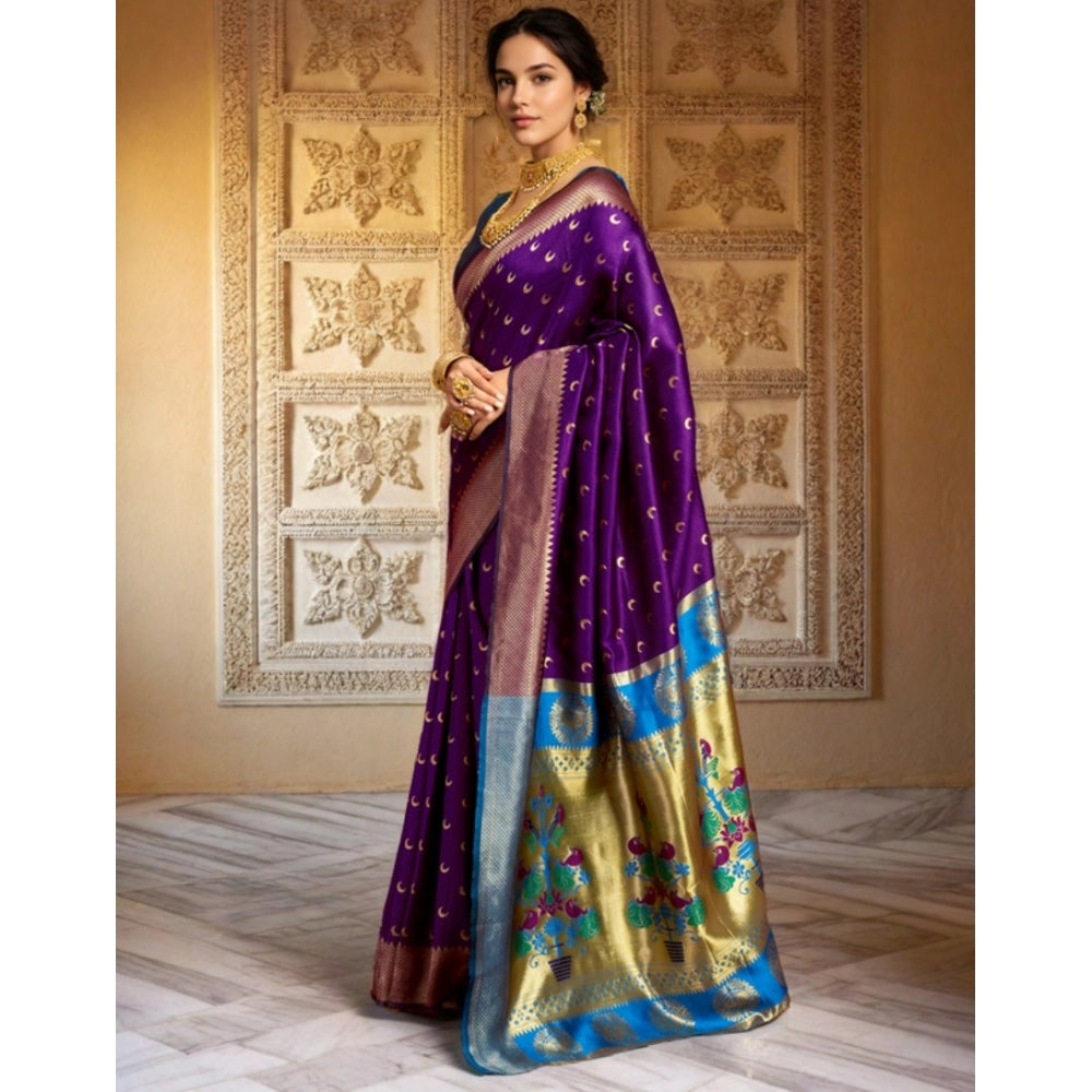 Generic Women's Silk Blend Zari Woven Saree With Unstitched Blouse 5.5Mtr (Purple)
