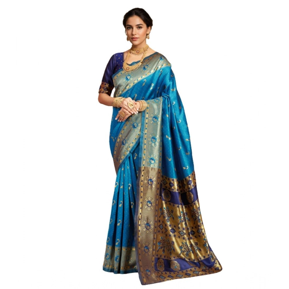 Generic Women's Silk Blend Zari Weaving Saree With Unstitched Blouse 5.5Mtr (Aqua)