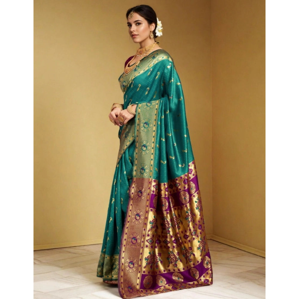Generic Women's Silk Blend Zari Weaving Saree With Unstitched Blouse 5.5Mtr (Green)