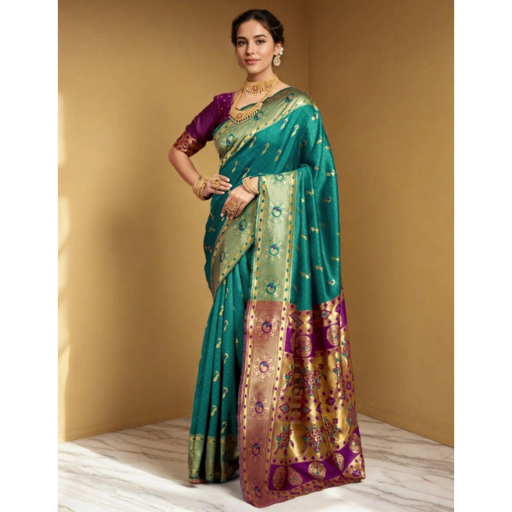 Generic Women's Silk Blend Zari Weaving Saree With Unstitched Blouse 5.5Mtr (Green)