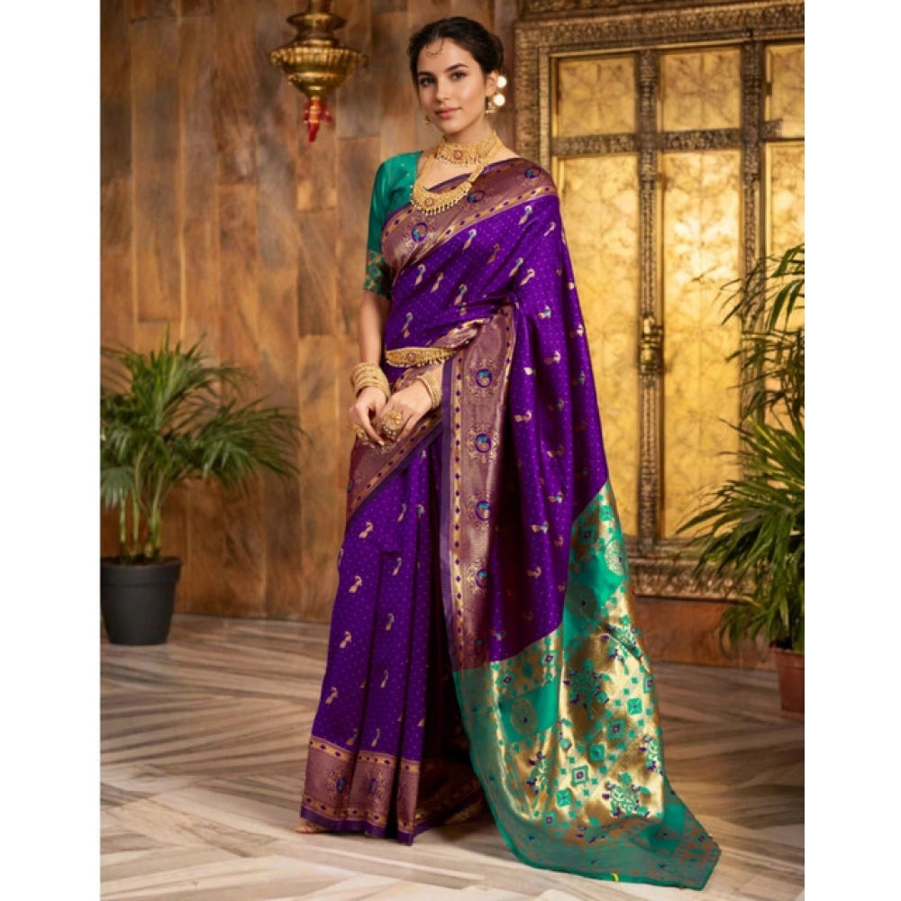 Generic Women's Silk Blend Zari Weaving Saree With Unstitched Blouse 5.5Mtr (Purple)