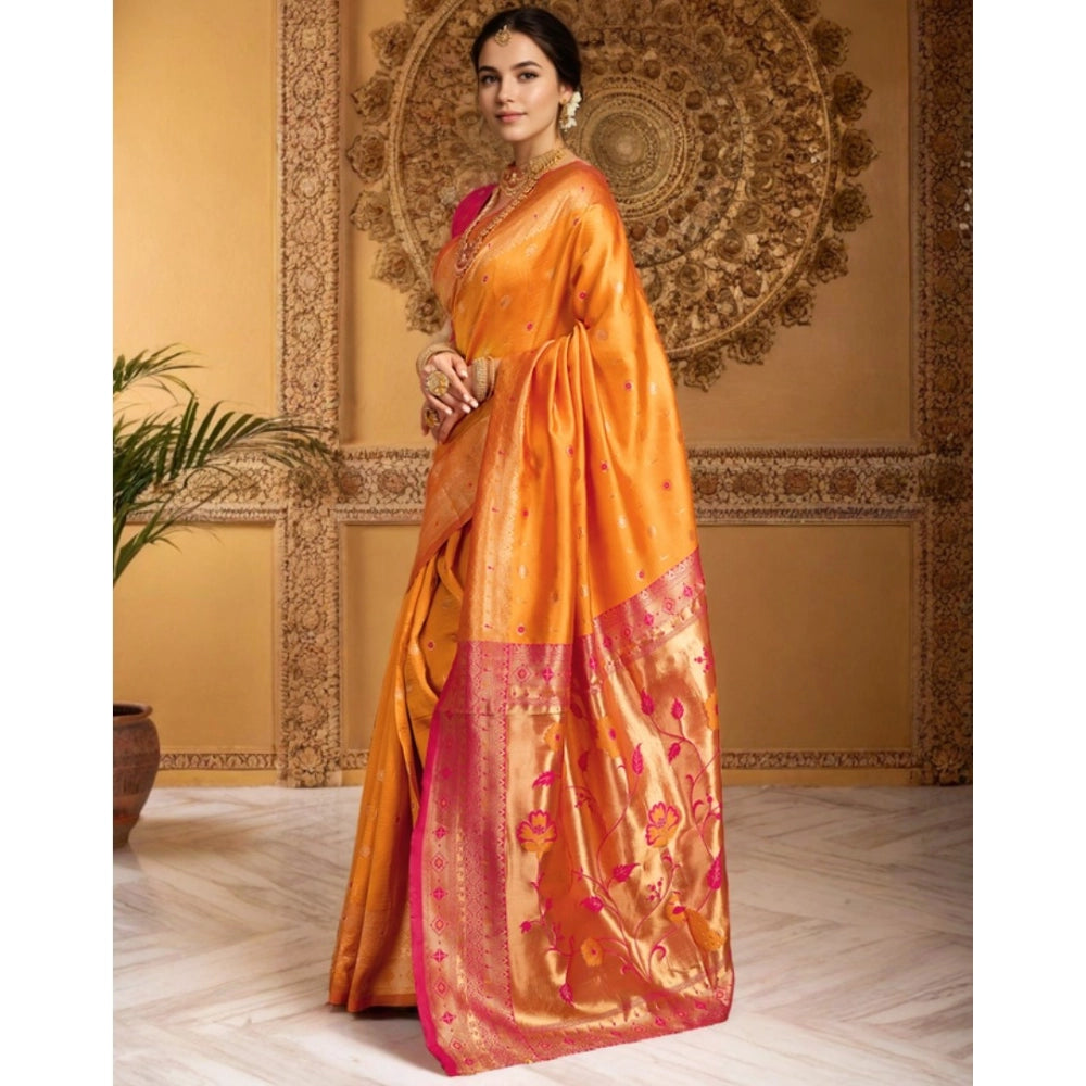 Generic Women's Silk Blend Zari Weaving Saree With Unstitched Blouse 5.5Mtr (Orange)