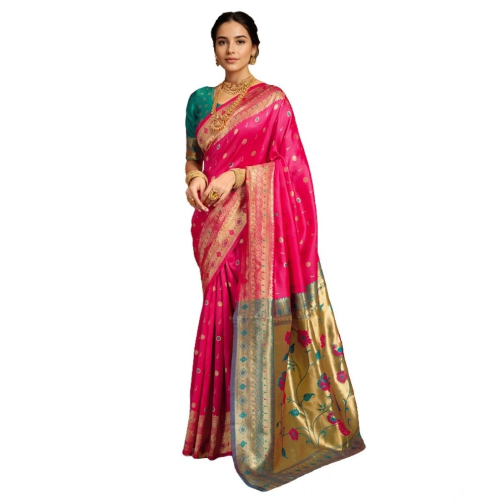 Generic Women's Silk Blend Zari Weaving Saree With Unstitched Blouse 5.5Mtr (Pink)