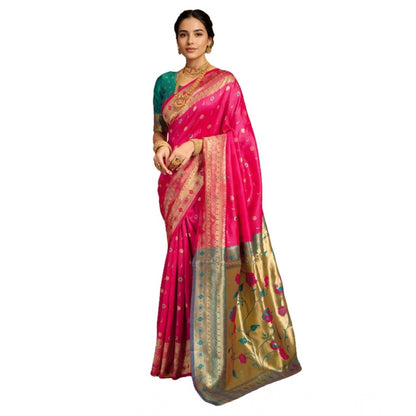 Generic Women's Silk Blend Zari Weaving Saree With Unstitched Blouse 5.5Mtr (Pink)