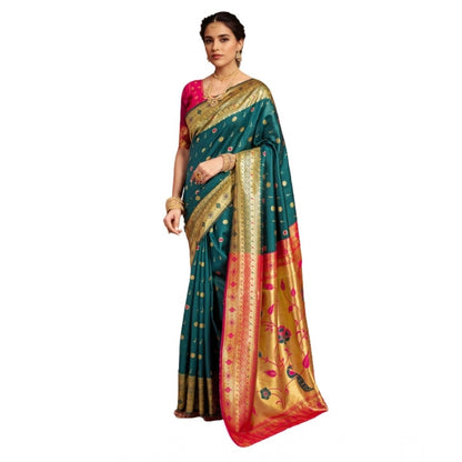 Generic Women's Silk Blend Zari Weaving Saree With Unstitched Blouse 5.5Mtr (Rama)