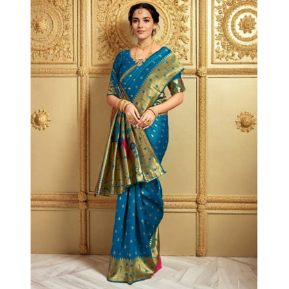 Generic Women's Silk Blend Zari Weaving Saree With Unstitched Blouse 5.5Mtr (Turquoise)