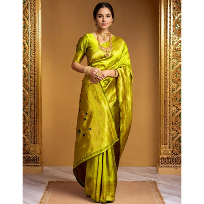Generic Women's Silk Blend Zari Weaving Saree With Unstitched Blouse 5.5Mtr (Lime-Green)