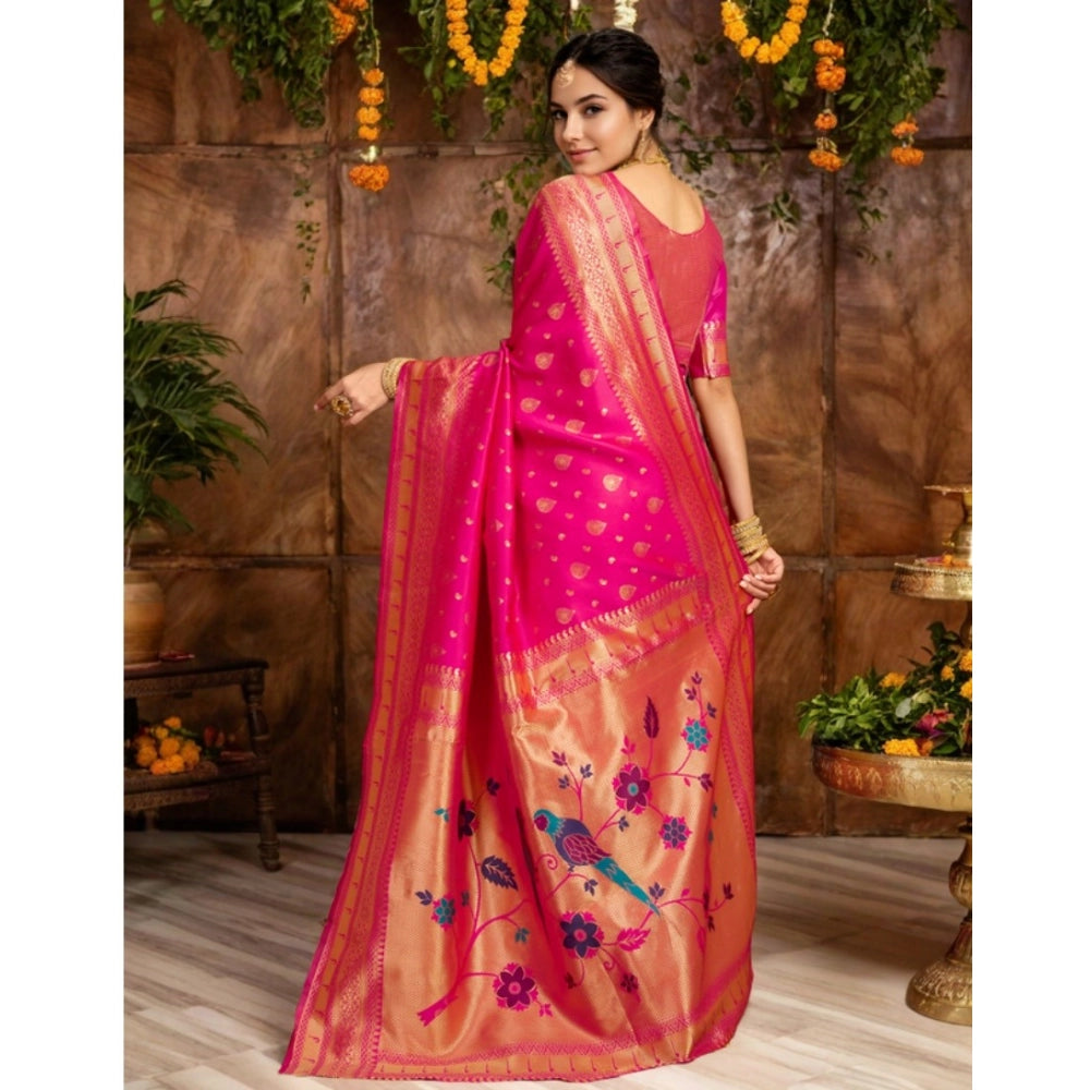 Generic Women's Silk Blend Zari Weaving Saree With Unstitched Blouse 5.5Mtr (Pink)