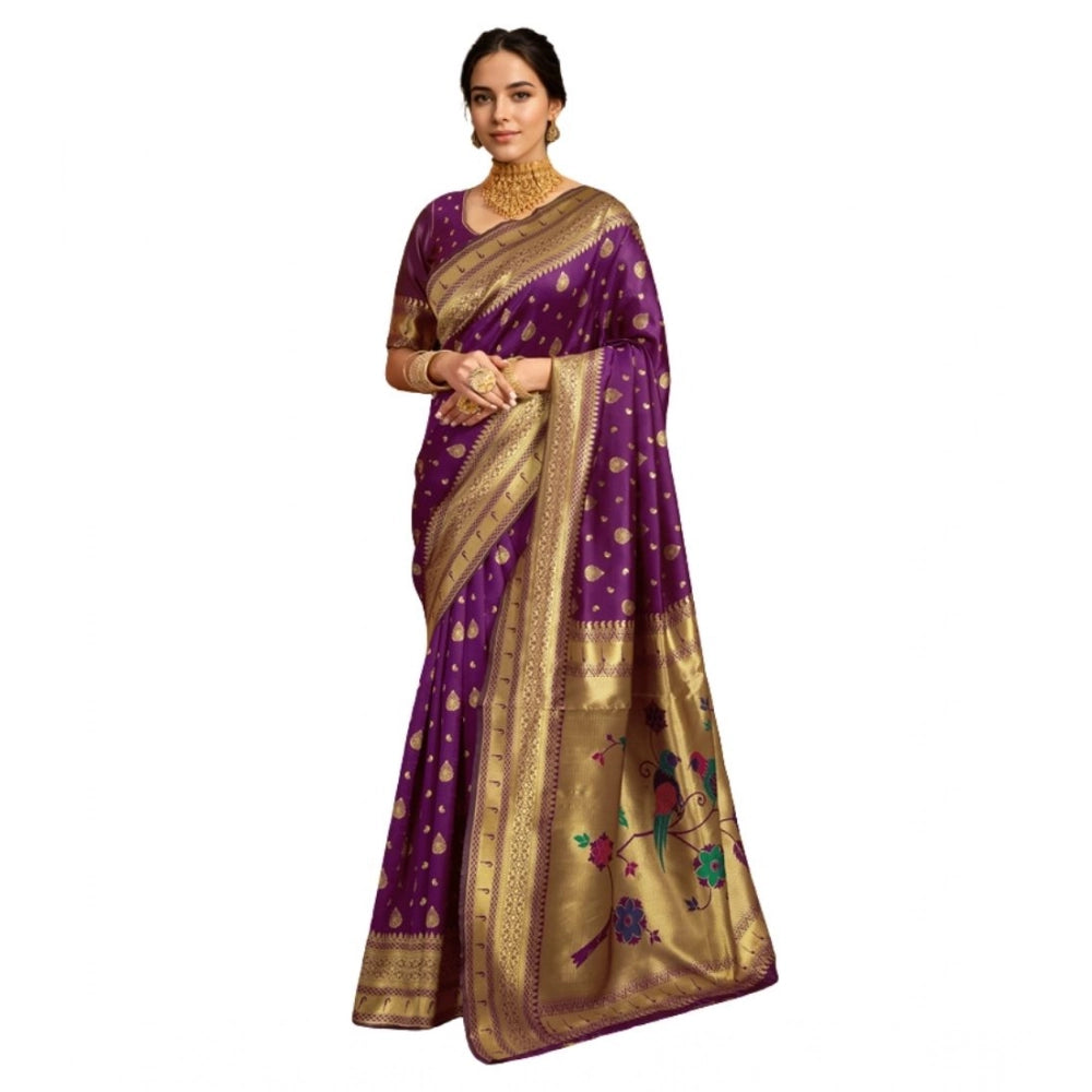 Generic Women's Silk Blend Zari Weaving Saree With Unstitched Blouse 5.5Mtr (Purple)