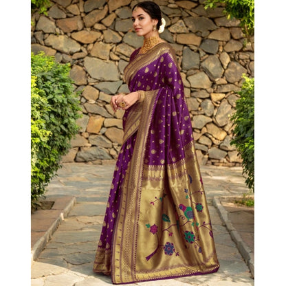 Generic Women's Silk Blend Zari Weaving Saree With Unstitched Blouse 5.5Mtr (Purple)