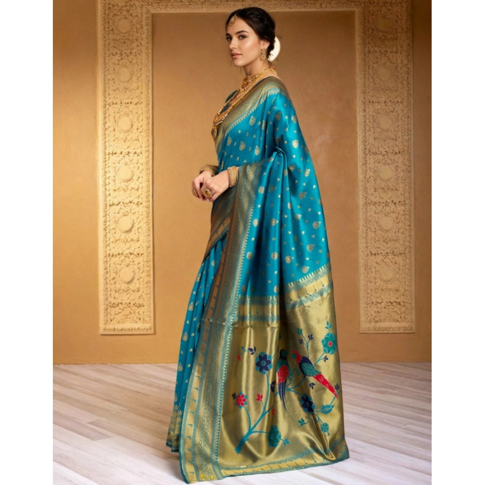 Generic Women's Silk Blend Zari Weaving Saree With Unstitched Blouse 5.5Mtr (Turquoise)