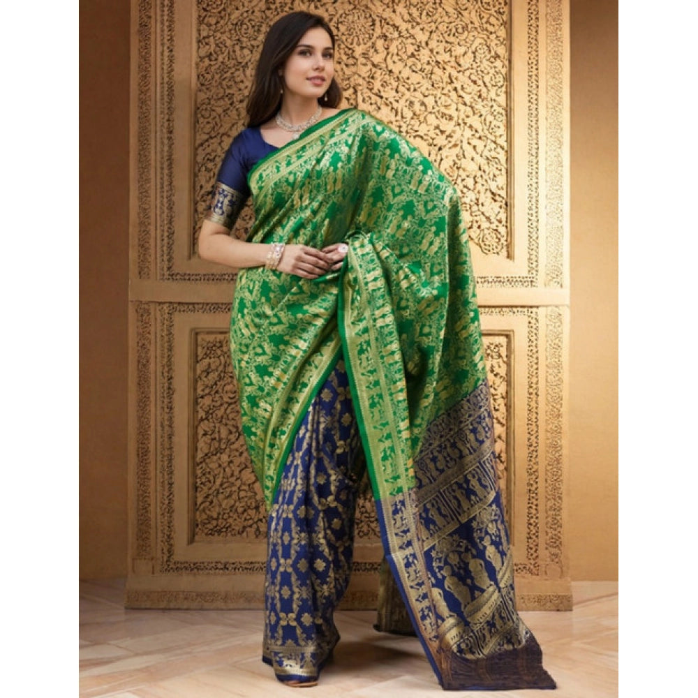 Generic Women's Silk Blend Zari Weaving Saree With Unstitched Blouse 5.5Mtr (Green)