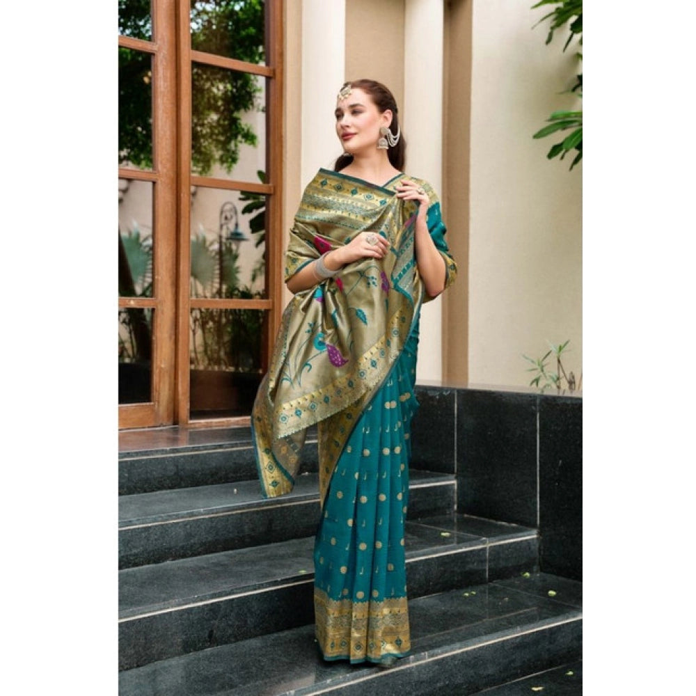 Generic Women's Silk Blend Paithani Weaving Saree With Unstitched Blouse 5.5Mtr (Rama)
